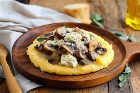 Polenta con gorgonzola soppressa funghi