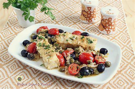 merluzzo in padella con pomodorini olive capperi