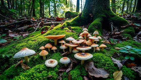 Funghi nel sottobosco con rete miceliare